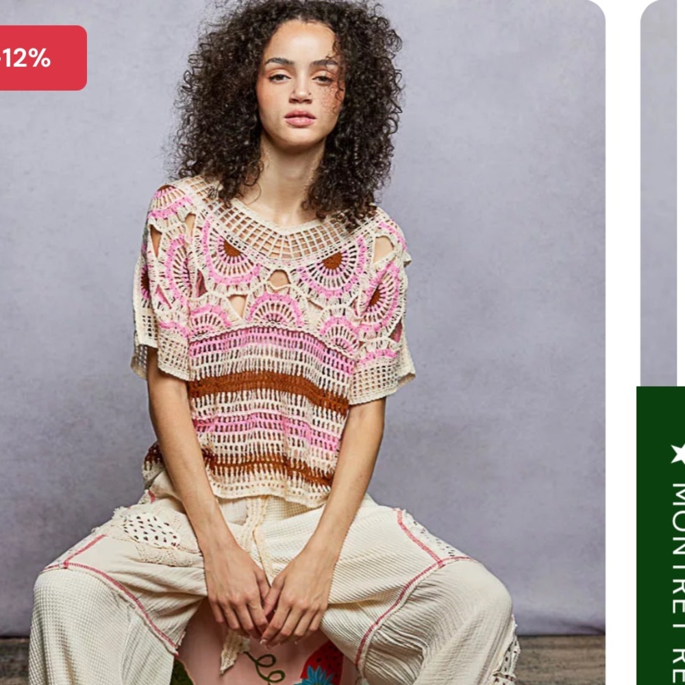 POL boho weave pattern Crochet knit Pink and Brown Top one size - Picture 2 of 10